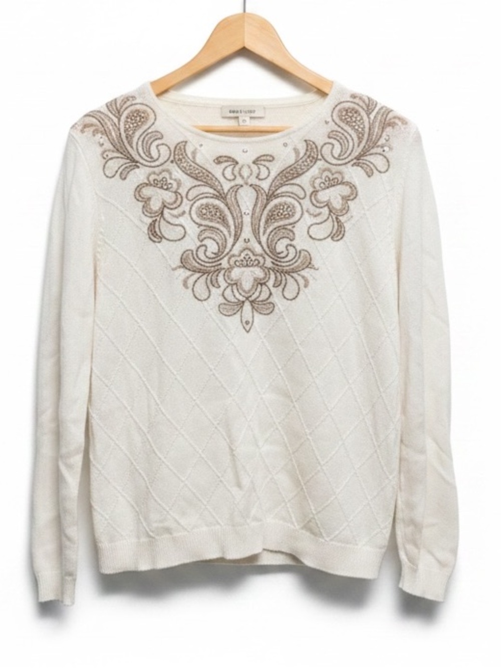 Alfred Dunner Embroidered Rhinestone Off White Knit Top Size M